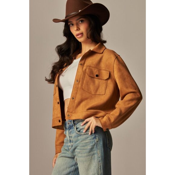 LOVE POEM Camel Vegan Suede Front Pocket Button Closure Collared Trucker Jacket - Picture 3 of 6